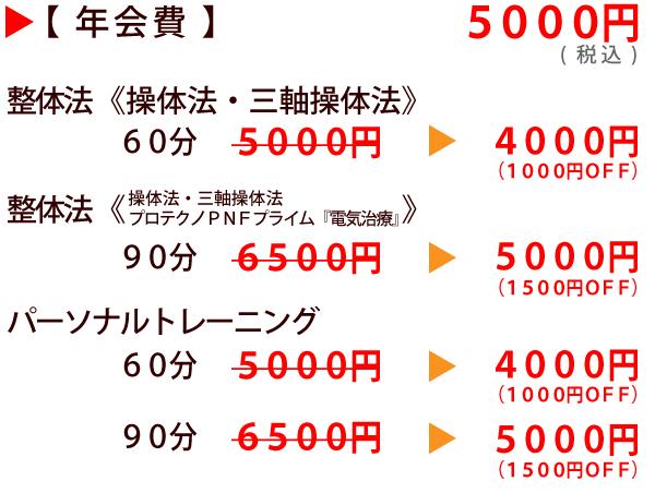 会員制メニュー(整体法・パーソナルトレーニング)